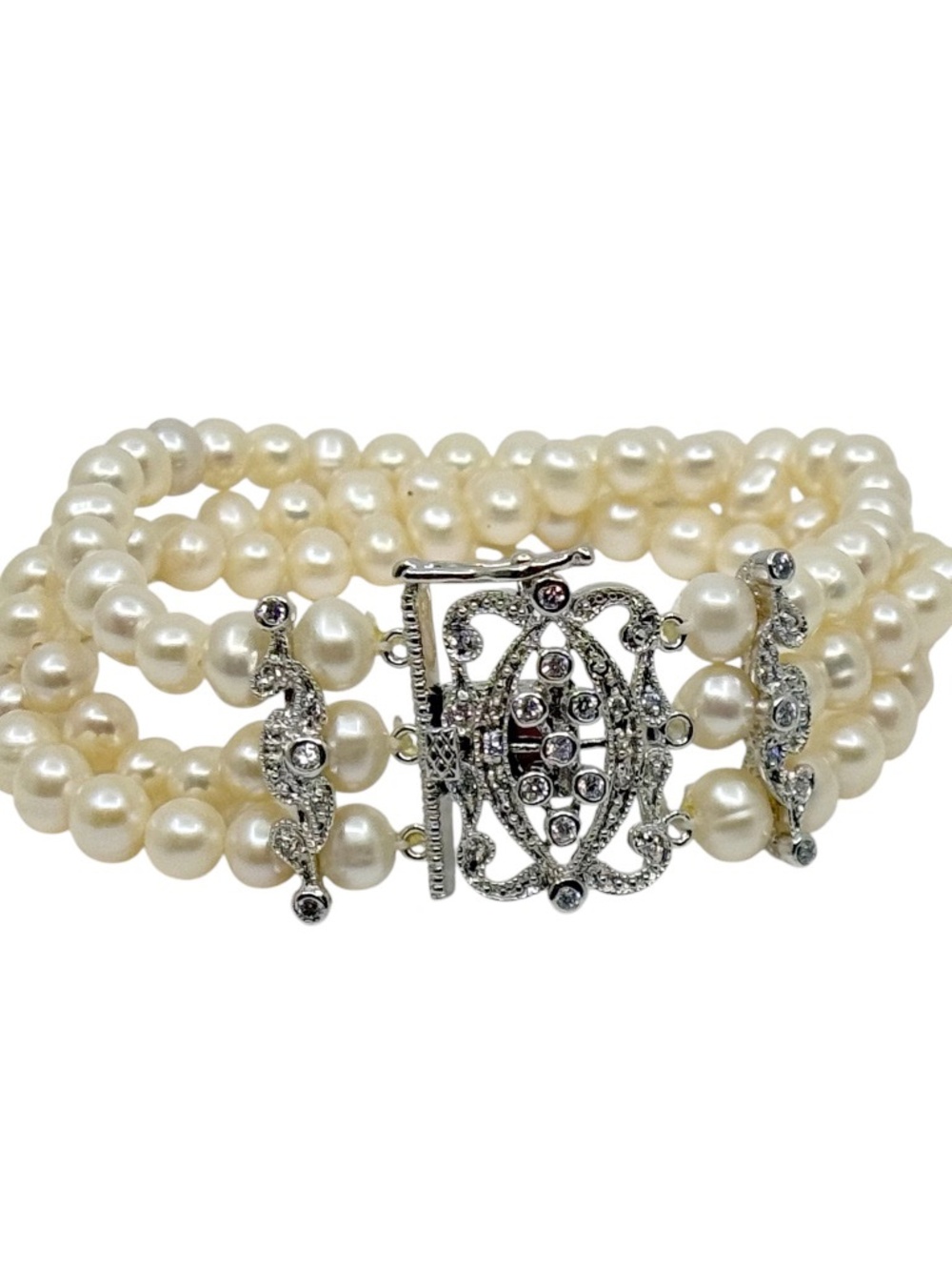 Sterling silver freshwater pearl & cubic zirconia bracelet - GM1069